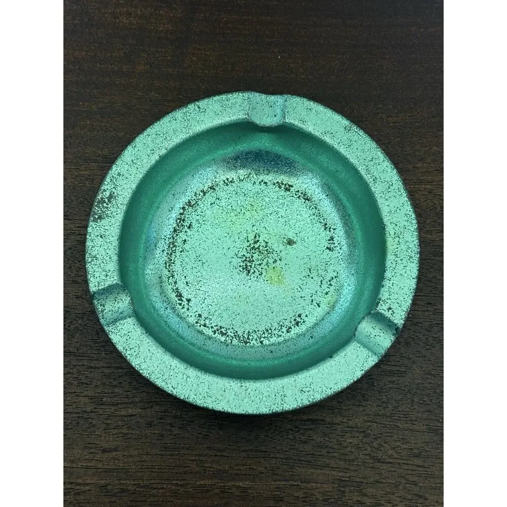 Vintage Set of 3 Aluminum Ashtrays Green 3 Butt Rests Oxidation Stains MCM VTG